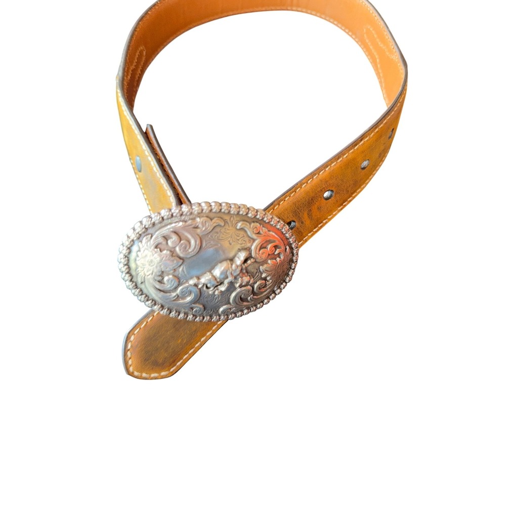 Nocona‎ Belt Co Brown Leather Western Belt N4421844 Bull Rider Trophy Buckle 20
